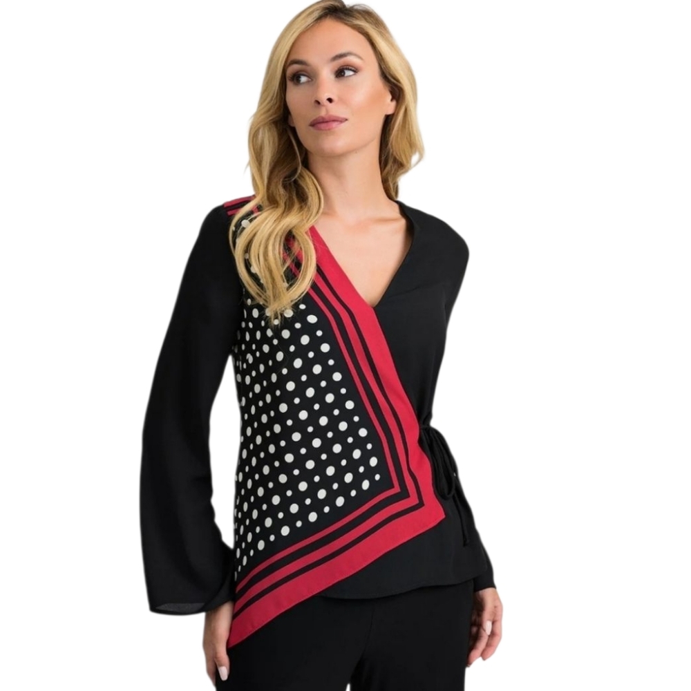 Joseph Ribkoff Black and Red Polka Dot Women's Scarf Blouse